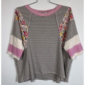 Three Bird Nest Britt Patchwork Top Relaxed Floral Striped Shirt Size M Boho